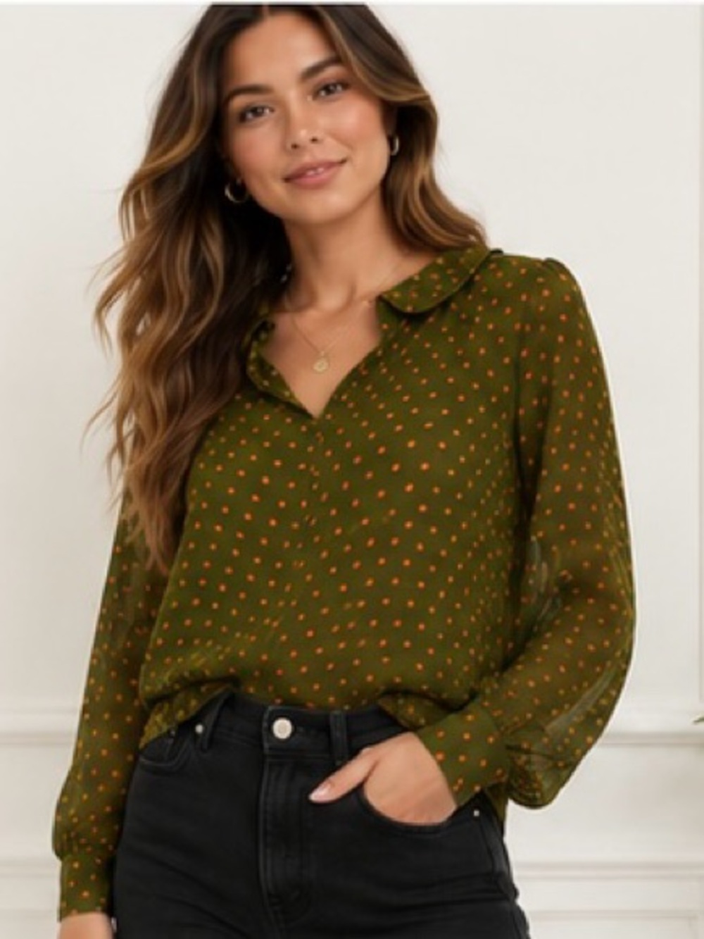 My Story Olive Green Peter Pan Collar Sheer Blouse Polka Dot Themed Long Sleeve